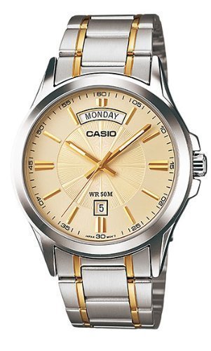 Casio #MTP1381G-9AV Men's Classic Two Tone Stainless Steel 50M Day Date Gold Dial Watch