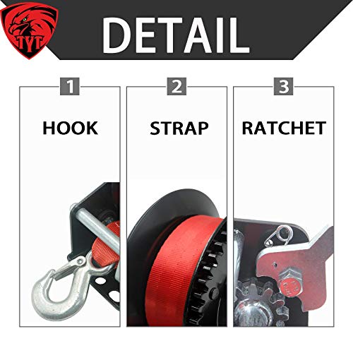 TYT 1600lb Boat Trailer Winch, New Portable Hand Winch with 8M (26 ft) Strap and Strong Hook, Heavy Steel Structure Gear Towing Winch Manual Gear Winch for ATV SUV UTV Winch(All Black) - Image 5