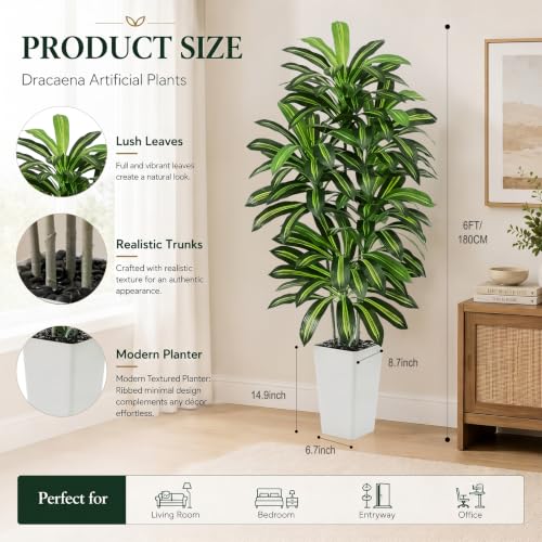FSOHOI Artificial Dracaena Tree 6FT Artificial Plants Indoor Tall Fake Plants Faux Tree with White Tall Planter Fake Tropical Yucca Floor Plant for Home Office Living Room Decor Outdoor