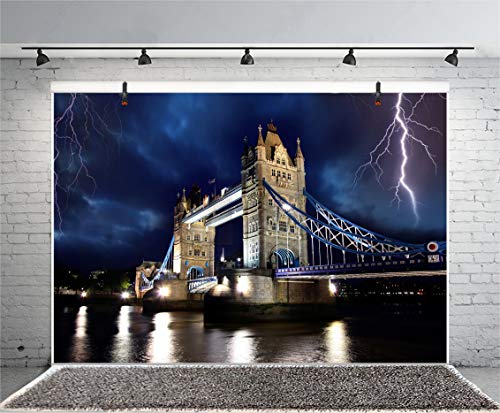 LFEEY 5x3ft Famous Tower Bridge of London Backdrop Vinyl Photography Background Tower Bridge in Storm Forked Lightning City Nightscape Backdrop Wallpaper Activity Background Photo Studio Props