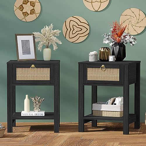 SICOTAS Black Nightstand Set of 2 - Rattan Decor Drawer with Brass ...
