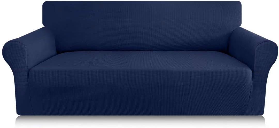 Carltina Stylish Waffle Couch Cover for 3 Cushion Couch High Stretch Jacquard Sofa Cover Thickened Sofa Slipcover Furniture Protector with Elastic Bottom (Large, Navy Blue)