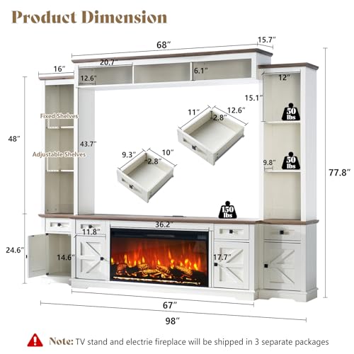 Jocisland 98in Farmhouse Entertainment Center with 36" Fireplace, TV Stand, Bookshelves, Wine Cabinet, Fits 75" TVs, Large Wall Unit Media Console with Power Outlets & Barn Doors, Living Room, White