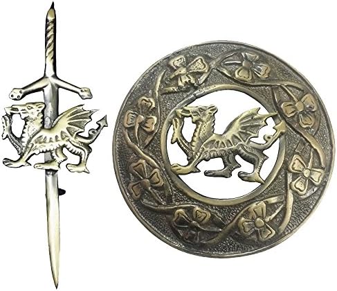 Celtic Welsh Dragon Kilt Fly Plaid Brooch Antique Finish 3" Scottish Kilt Pin 4"