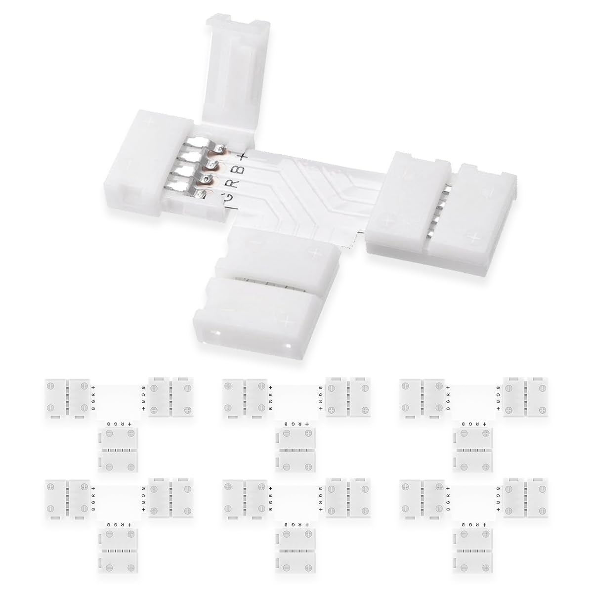 UBRAVE LED Light Connector, 6 Pcs 10mm 4 Pin RGB LED T Shape Connector, RGB Splitter Right Angle Corner Connector, 10mm Gapless Adapter for RGB SMD 5050 RGB Multicolor LED Strip Lights 12V-24V