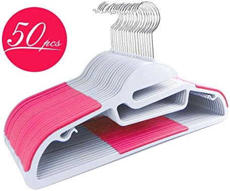 Mighty Hanger | 50 pcs Sturdy Slim Lightweight Clothes Hanger with Swivel Steel Hook, Non-slip S-shape Shoulders, Wrinkle-free, Space Saving, for All Kinds of Garments, Rose Red Color