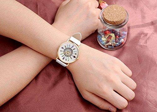 JSDDE - Montre Quartz Mixte Plume de Paon Bracelet en PU Cuir Blanc