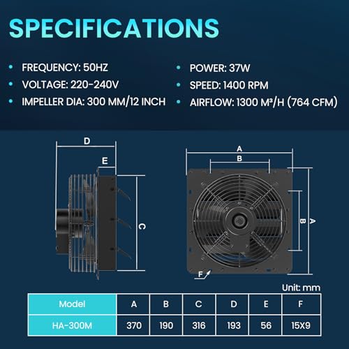 HG Power 300mm Shutter Exhaust Fan with Speed Controller 1300m³/h Wall Mounted Extractor Fan with Mesh Screen Low Noise Shed Exhaust Fan for Ventilation Use, Basement, Gable, Chicken Coop, Black