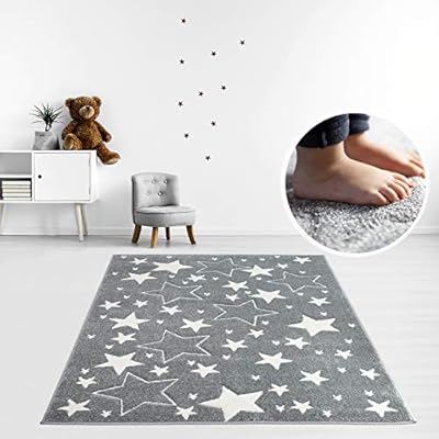 Myshop24h Teppich Kinderzimmer Stern Grau 80x150 Cm Kurzflor Kuschelig Deko Kinderteppich Fur Jungen Und Madchen Oeko Tex 100 Standard Amazon De Kuche Haushalt