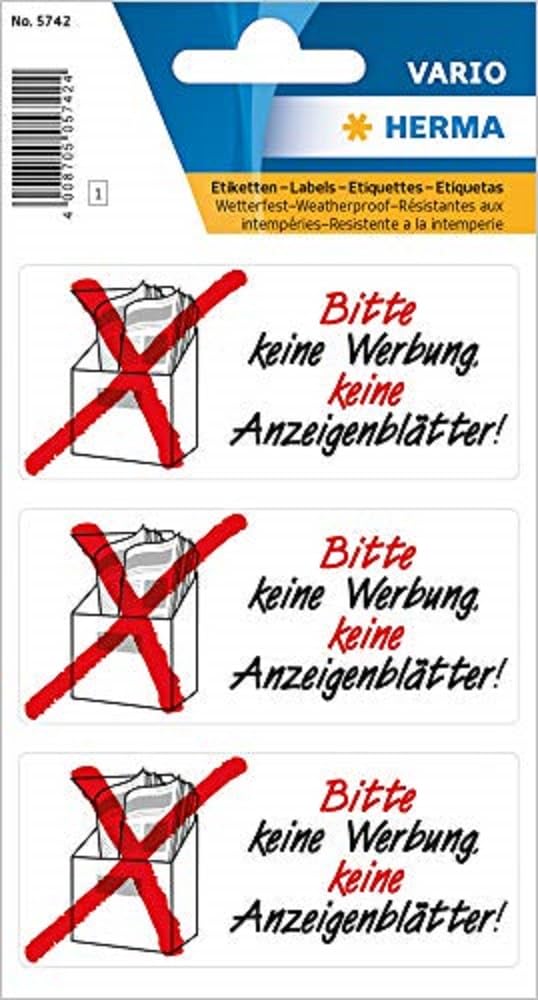 Herma 5742 Information Labels "Keine Werbung Anzeigenbl.", Weatherproof, 1 Sheet,