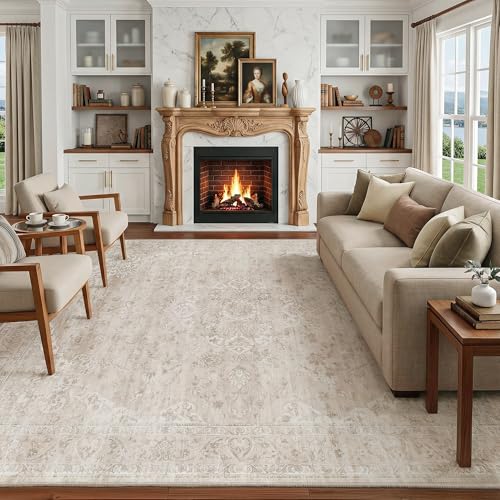 Fmfunctex 8x10 Washable Area Rug Neutral Beige Vintage Distressed Oriental Non Slip Low Pile Floral Rug Cream Traditional Soft Thin Retro Tapis Salon Indoor Carpet for Living Room Bedroom Dining Room