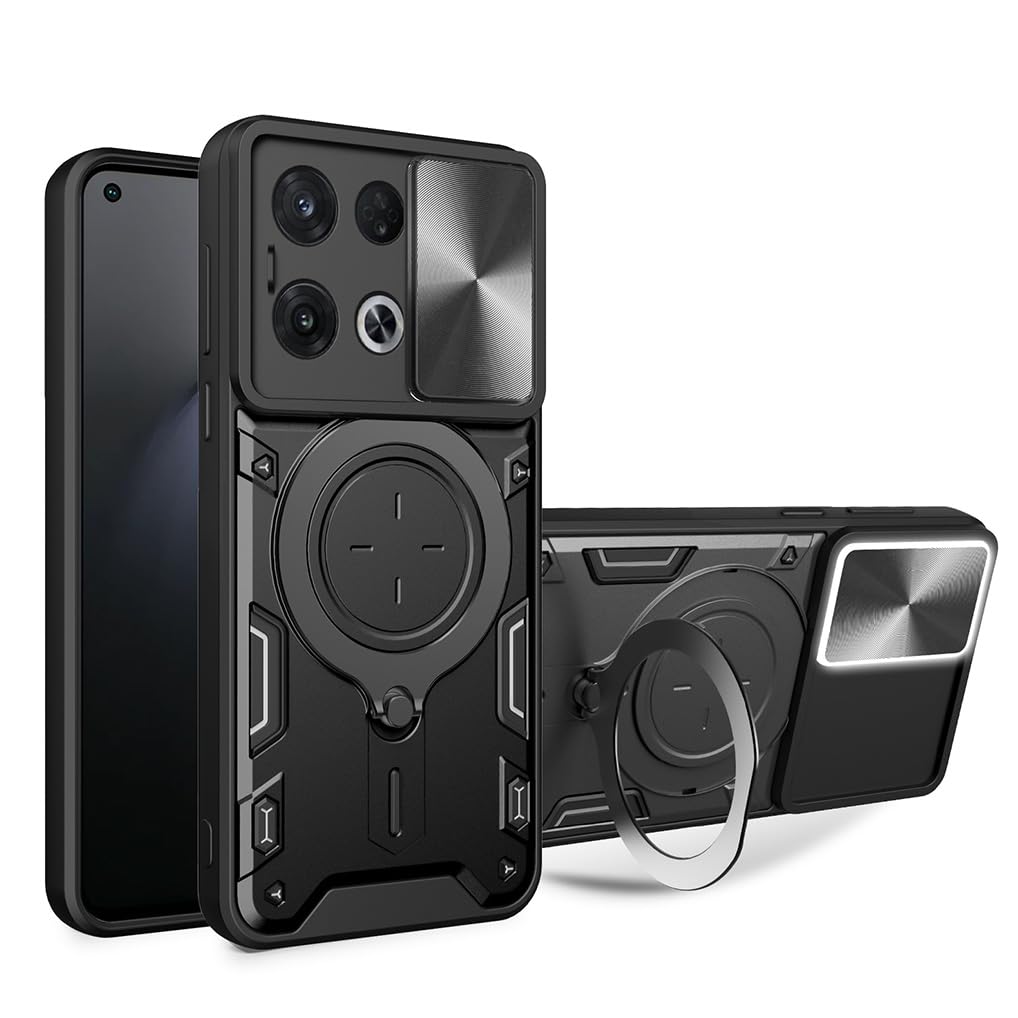 SEAHAI Case for OPPO Reno 8 Pro 5G (Reno8 Pro 5G), Ultra-thin Silicone TPU Shockproof Hybrid Hard PC Cool Style Cover, with Slide Camera Cover and Metal Ring Magnetic Kickstand - Black