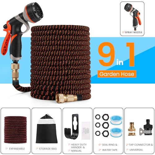 Expandable Garden Hose 30 m with Automatic Reel, 8 Modes of Spray Gun, Retractable Flexible Garden Hose, Leak-Proof Metal Connector, for Medium Garden, Patio, Cleaning