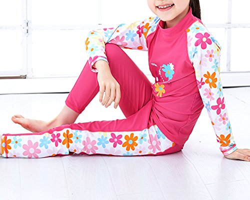 Monvecle Little to Big Girls' Long Sleeve 2-Pieces Sun Protective Rashgurad Set UPF 50+ Rose-1 10-11