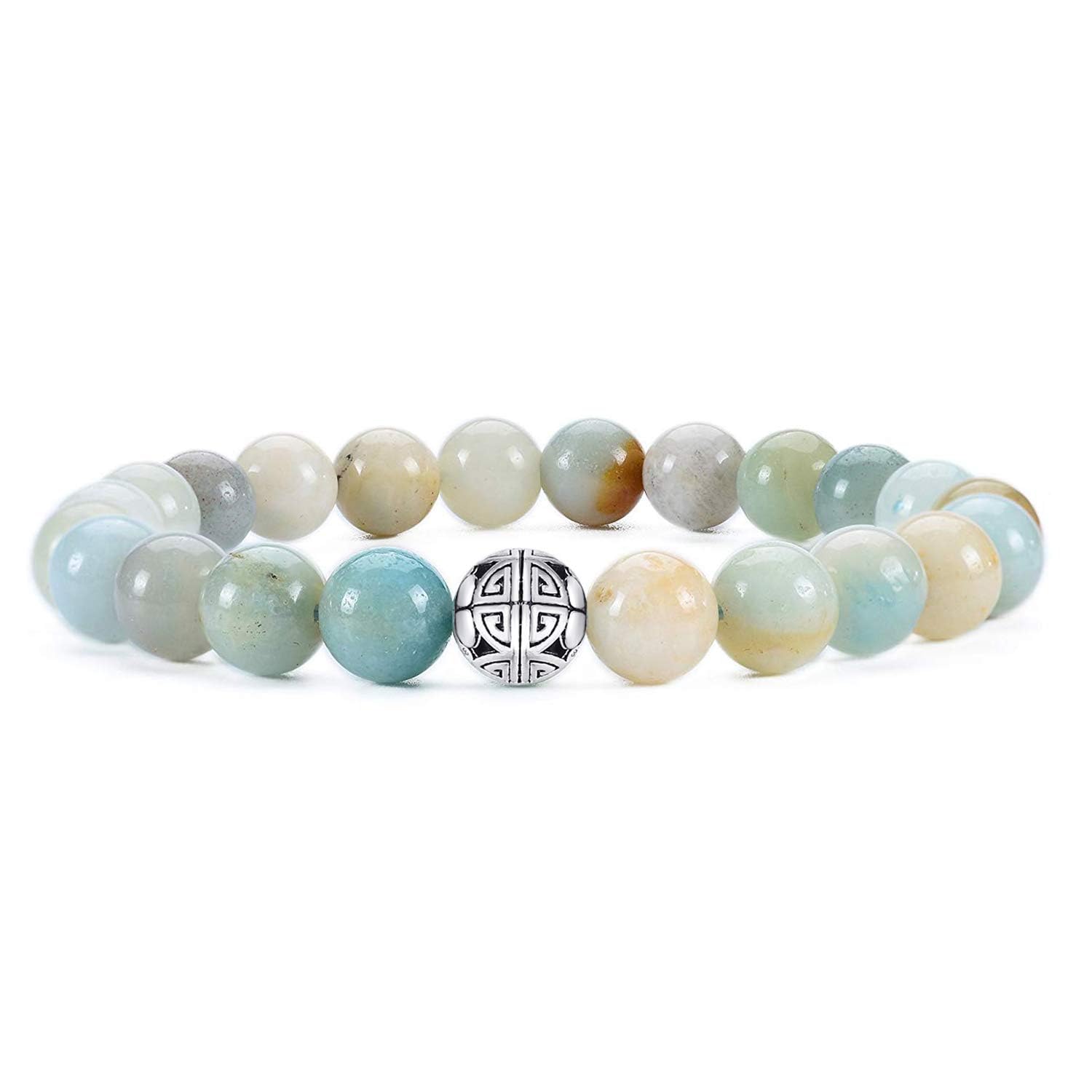 Natural 8mm Gemstones MetJakt Healing Crystal Stretch Beaded Bracelet Bangle with 925 Sterling Silver Double Happiness Pendant (Amazonite) — image 1