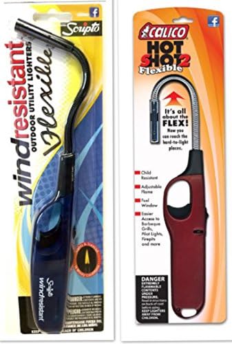 2 Pack Combo - Calico Hot Shot Flexible lighter and Scripto Navy Wind resistant flexible Lighter Safe for Camping/grilling/home, Adjustable Flame
