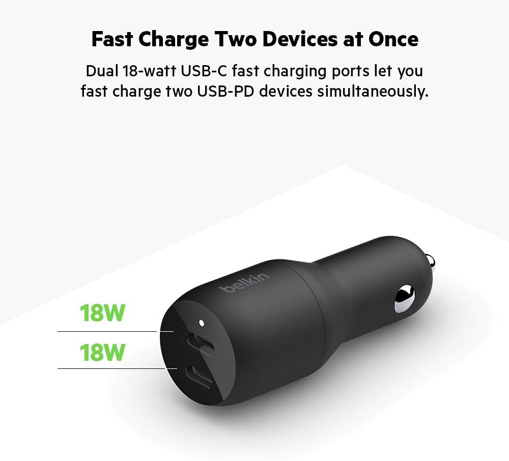 Belkin USB-C PD Car Charger 36W (Dual 18W USB-C Power Delivery Car Charger for iPhone 14 and 13 series, Samsung, Google and more) - Image 4