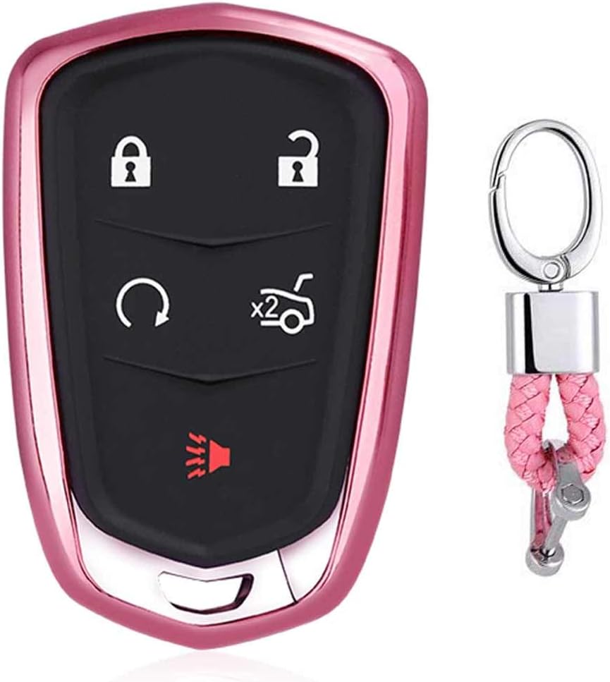 Pink Premium Soft TPU Car Key Case Shell Cover with Key Chain for Cadillac XT5 ATS XTS CT6 SRX CTS 3/4/5/6-Buttons