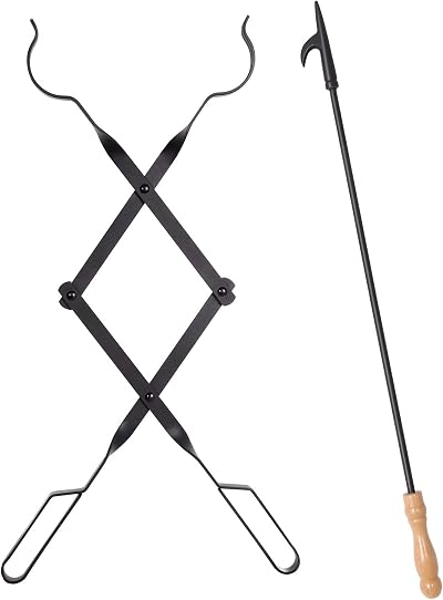 AGM Fire Hook 81cm & Fireplace Pliers 64cm Wrought Iron Wood Fire Tool Set