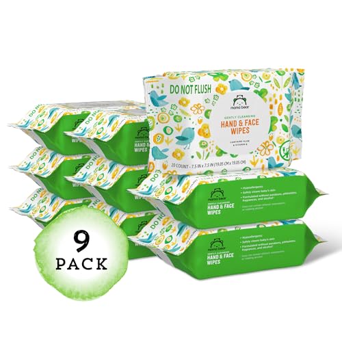 AMAZON BRAND – MAMA BEAR BABY HAND & FACE WIPES, UNSCENTED, FRAGRANCE FREE, CLEANSING, FORMULATED WITHOUT PARABENS AND PHTHALATES, 180 COUNT (9 PACKS OF 20)