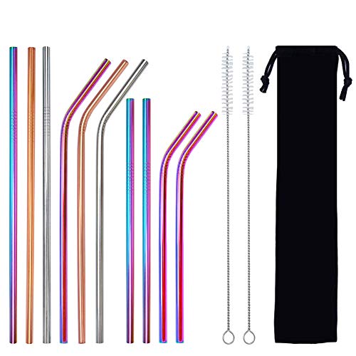 HeiYi Set Of 10 Stainless Steel Straws Reusable Metal Drinking Straws With 2 Cleaning Brush For 20oz/30oz Tumblers