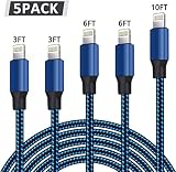 WUYA iPhone Charger, MFi Certified Lightning Cable 5 Pack (3/3/6/6/10FT) Nylon Woven with Metal Connector Compatible iPhone Xs Max/X/8/7/Plus/6S/6/SE/5S iPad - Black&Blue