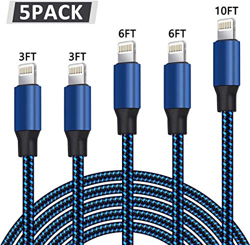 WUYA iPhone Charger, MFi Certified Lightning Cable 5 Pack (3/3/6/6/10FT) Nylon Woven with Metal Connector Compatible iPhone Xs Max/X/8/7/Plus/6S/6/SE/5S iPad - Black&Blue