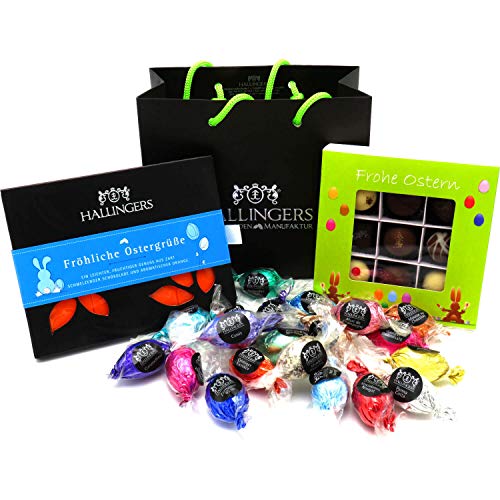 Hallingers Oster-Geschenk-Set 1 Schokolade, 9er Trüffel und 20 Ostereiern für Ostern (519g) - Easter Bag Green Blue… – Bild 4