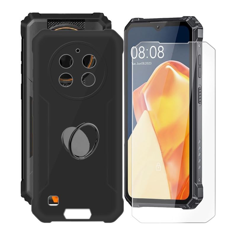 KJYFOANI Phone Case for Oukitel WP28 (6.52"), [ 1 x Tempered Glass Protective Film], Soft Silicone Bumper Cover, with [360° Rotation Ring Kickstand] Case for Oukitel WP28 - Black