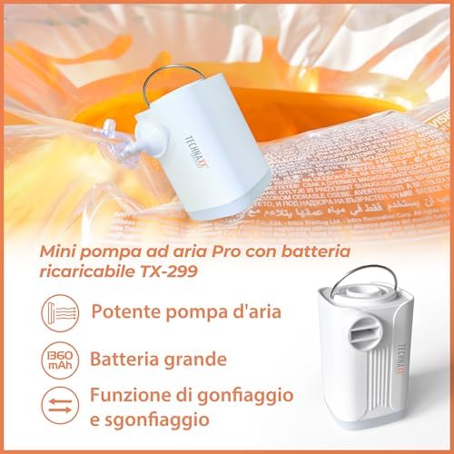 TX-299 Pro, la mini pompa ad aria a batteria - 3600 mAh, pompa ad aria elettrica ricaricabile con powerbank, luce LED, 5 ugelli, ricarica USB - pompa d'aria senza fili per oggetti gonfiabili