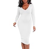 BORIFLORS Women's Sexy Bodycon Long Sleeve Deep V Neck Club Party Midi Pencil Dresses