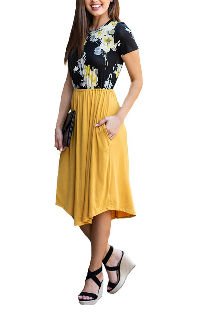 Annystore Women\'s Dress with Pockets - Summer Sleeveless Button Casual Loose Swing T-Shirt Short Dress (6038-Yellow, Small)