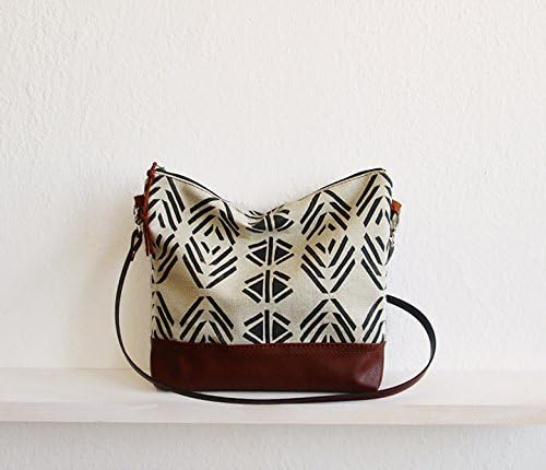 Aztec print crossbody bag, Messanger bag, Canvas and Leather bag, Triangle print, Geometry bag, Navajo, Tribal print