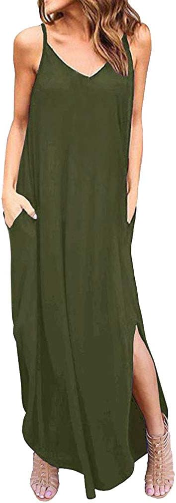 Dresses for Women Gibobby Women's Casual Loose Pocket Long Maxi Dress Sleeveless Split Maxi Dresses Summer Beach Long Dress