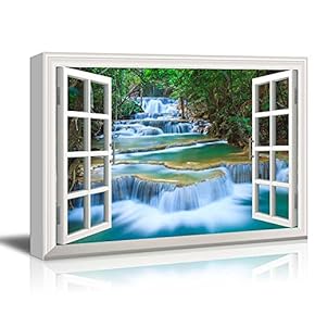 Canvas Print Wall Art - Window Frame Style Wall Art - Cascading Waterfall in The Forest | Giclee Print Gallery Wrap Modern Home Decor. Stretched & Ready to Hang - 24" x 36"