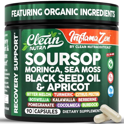Clean Nutra Soursop Supplement Moringa Sea Moss Black Seed Oil Berberine Turmeric Resveratrol Quercetin Greens Bitters Boswellia Bitter Melon Burdock Root Antioxidant Support 90 Capsules