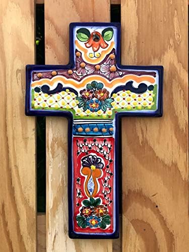 Talavera Ceramic Cross 9'' Moder Art Design Authentic Puebla Mexico Fine Pottery Hanging Wall Art Decor Signed Vivid Colors [Orange Top Flower]