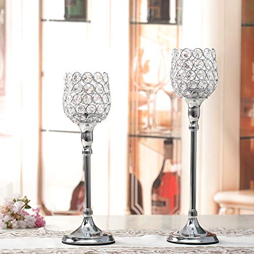 VINCIGANT Silver Long Stem Crystal Candle Holders/Tea Light Candlestick for New Year Home Decor Dining Room Table Centerpieces, Housewarming Gift