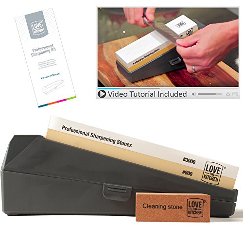 Premium Home Knife Sharpener Stone Kit, Japanese Grits 800/3000 | For
Chef, Kitchen & Outdoor Knives | Larger 8.25" x 2.75" Whetstone for
Easier Sharpening. Dual Angle, Non-Slip Guide/Protective Case