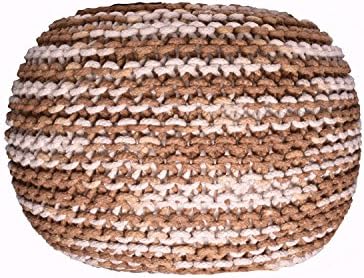 Pouf Ottoman Beige &amp; Brown Hand Knitted Round Cable Style Cotton Dori Braided Rope Comfortable Seat Footstool 16''x 20" By MystiqueDecors