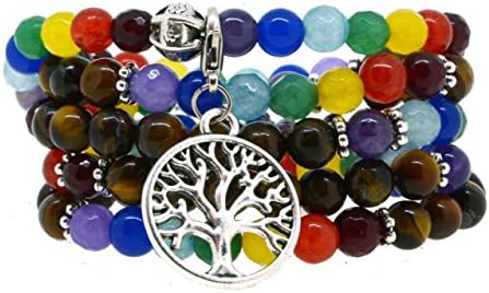 Seven Chakra Healing Simulated Tiger Eye Mala Wrap Bracelet Necklace (Silver Tone Tree of Life)