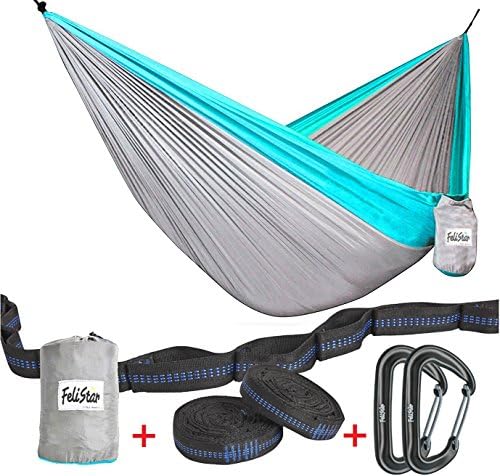 Hammock - Camping Double Hammock- Portable Parachute Nylon Hammock With Tree Straps &amp; Alloy Carabiners For Backpacking Garden, Backyard,Hiking &amp;Traveling(BLUE/GREY, DOUBLE)