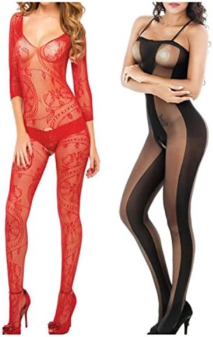 jooniyaa 2 Pack Women Sheer Fishnet Bodystocking Crotchless Bodysuit Catsuit Lingerie