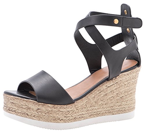 Cambridge Select Women's Peep Toe Crisscross Ankle Strappy Espadrille Platform Wedge Sandal,6.5 B(M) US,Black