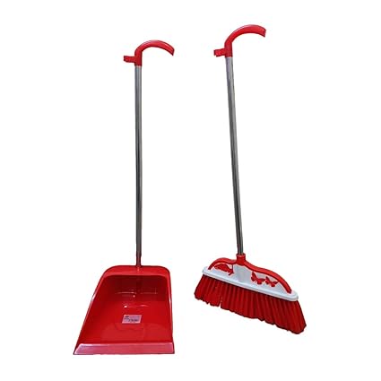 Inditradition Broom & Dustpan Set, Sweep Set with Long Handle, for All Surfaces (2 Pieces Set, Red)