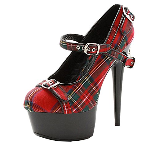MAIERNISI JESSI Women's Pointed Toe Ankle Buckle Sexy Stilettos Super High Heel Pumps Red Plaid 42 - US 9.5