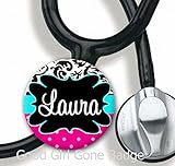 Stethoscope Tag - Damask Polka Dot Blue and Pink - Personalized Name - Steth ID Tag