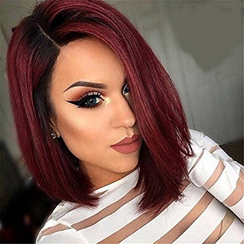 MISSWIG Synthetic Heat Resistant Fiber Straight Wig Fashion Wine Red Bob Wigs Ombre Color Black To Red Wigs for Women(Size:13inch,Color:Wine Red)