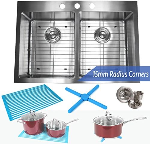 33 Inch Drop In Topmount Stainless Steel Kitchen Sink Package 16 Gauge 50/50 Equal Double Bowl Basin w/ 9 Gauge Deck - Complete Sink Pack