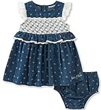 Calvin Klein Baby Girls' 2 Pieces Denim Dress with Panty-Lace Trim, Navy, 12M